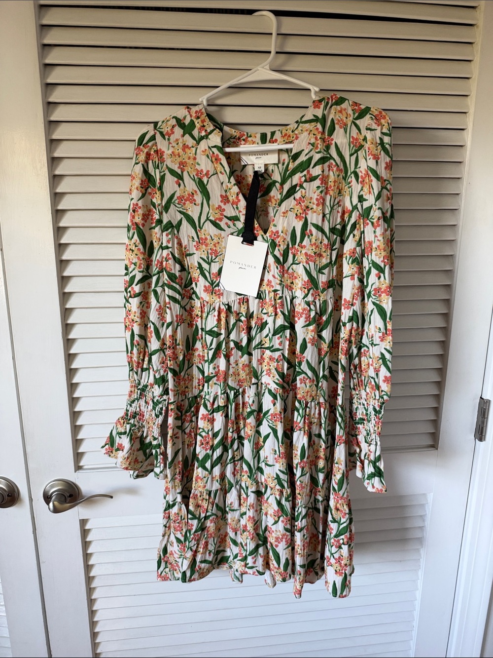 Pomander Place Floral Long-Sleeve Tiered Dress in Cream, Green and Pink